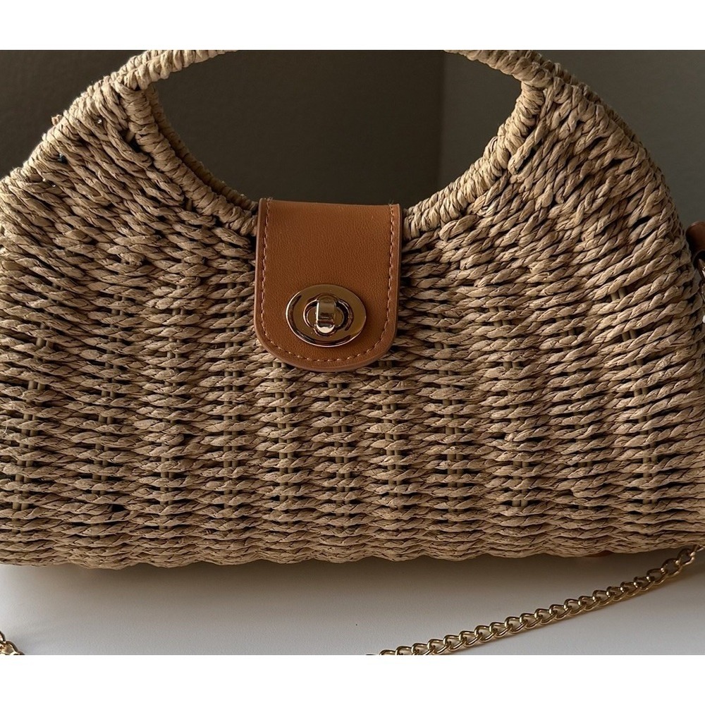 NWT Tommy Bahama Straw Woven Satchel Crossbody Bag Gold Chain Resort Beach - Picture 4 of 11